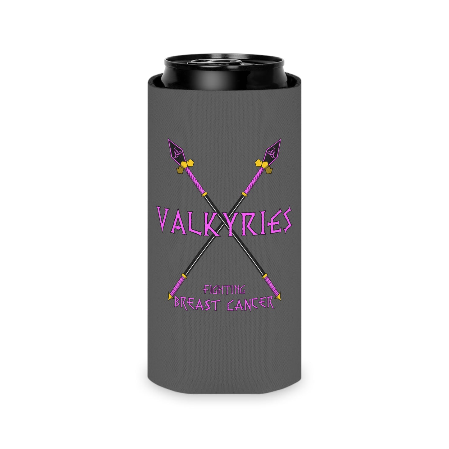 Can Cooler - 'Valkyries vs Breast Cancer' Pink Awareness Can Cooler with Nordic Spears