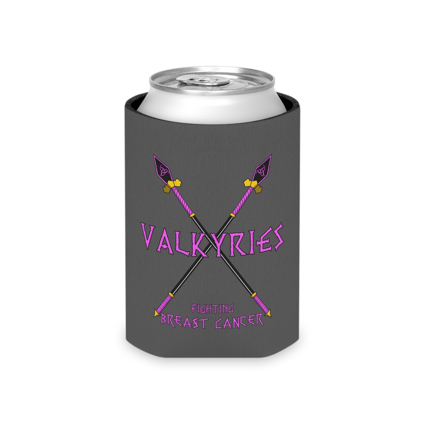 Can Cooler - 'Valkyries vs Breast Cancer' Pink Awareness Can Cooler with Nordic Spears