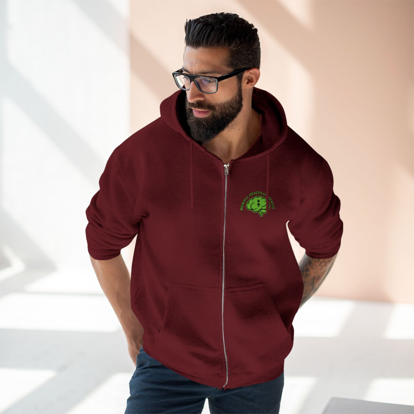 Green Odin Skull Zip Hoodie — Mental Health Graphic Hoodie
