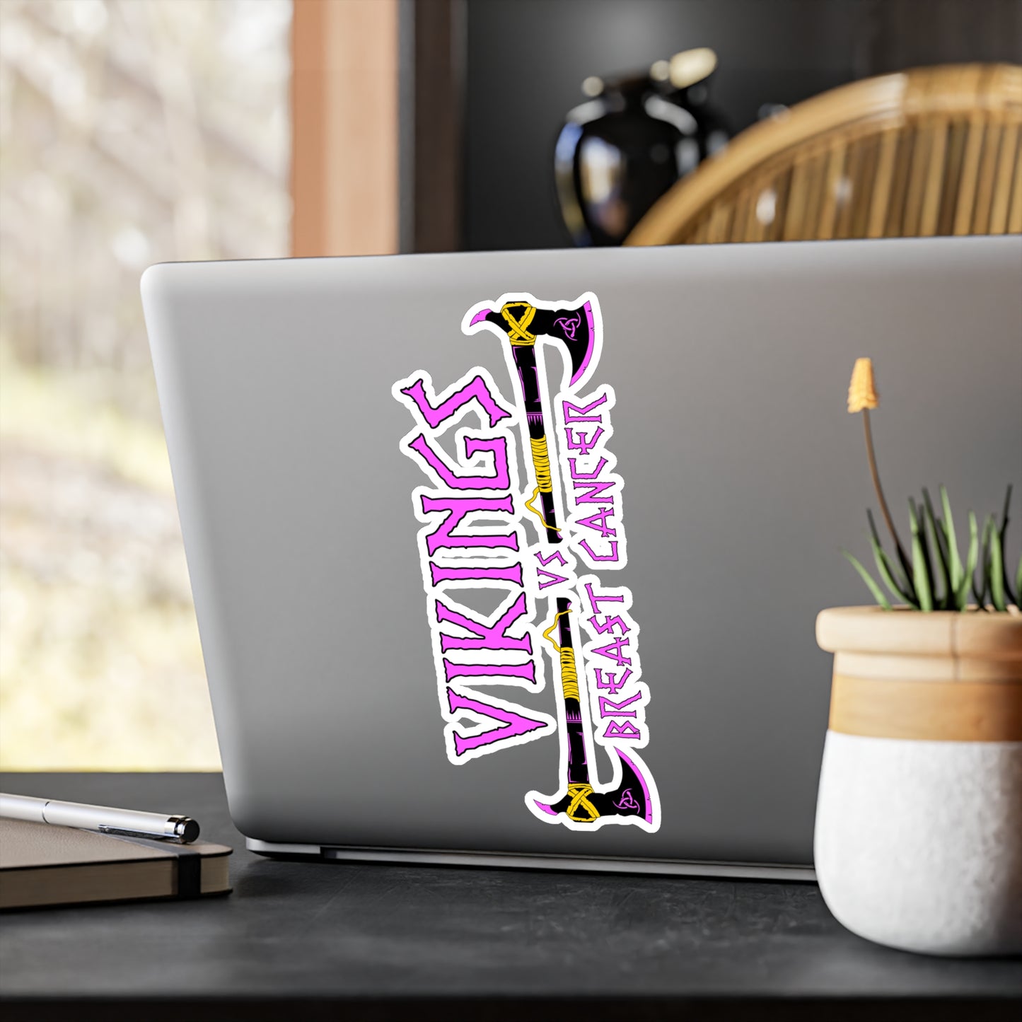 Viking vs. Breast Cancer Vinyl Sticker — Kiss-Cut Decal (Pink & Purple Axe Design)