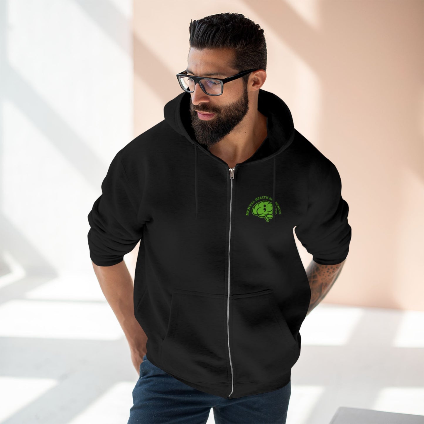 Green Odin Skull Zip Hoodie — Mental Health Graphic Hoodie