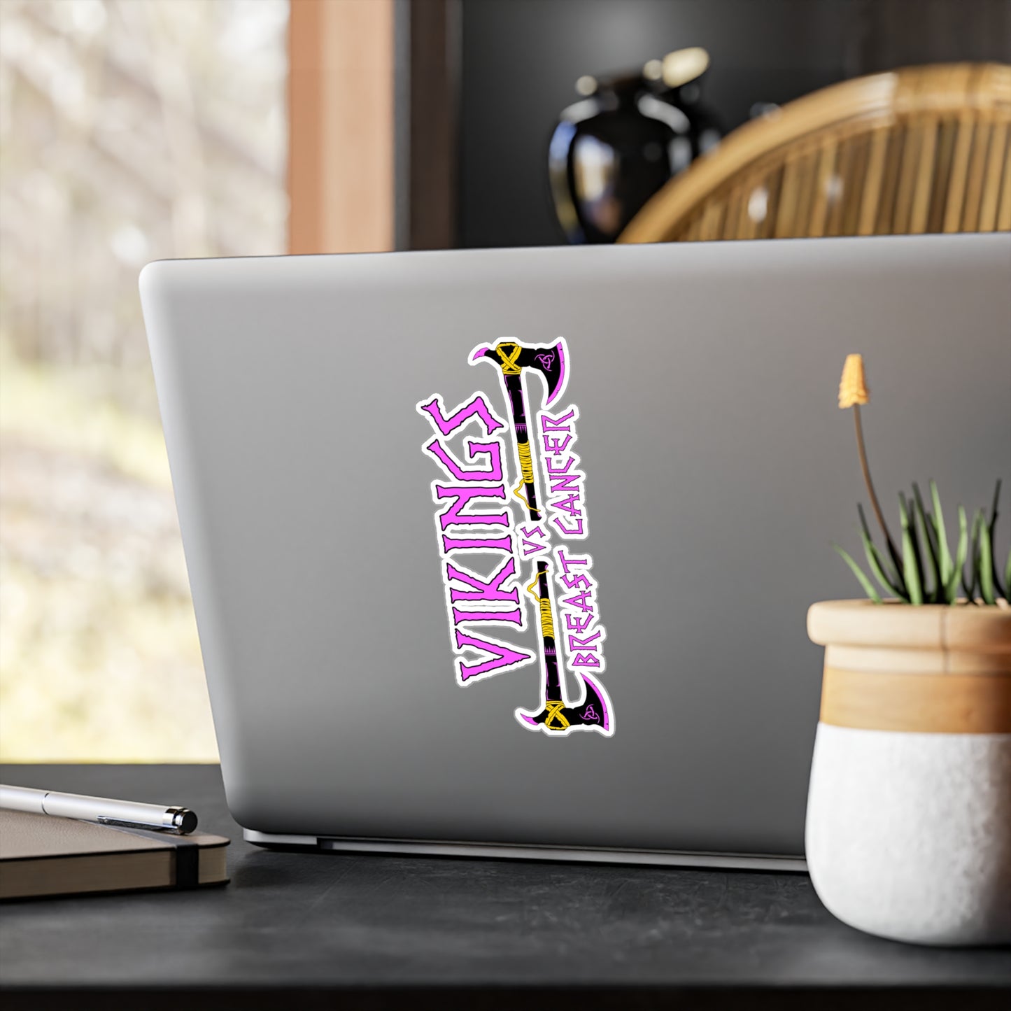 Viking vs. Breast Cancer Vinyl Sticker — Kiss-Cut Decal (Pink & Purple Axe Design)
